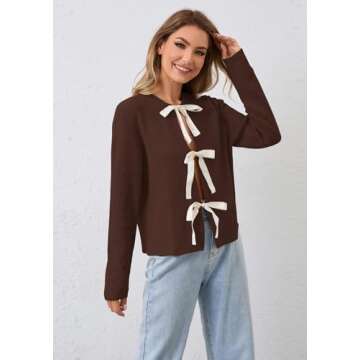 calbatic Women Long Sleeve Bow Tie Front Cardigan Sweater Open Front Knit Pullover Tops Casual 2024 Fall Winter Brown