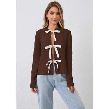 calbatic Women Long Sleeve Bow Tie Front Cardigan Sweater Open Front Knit Pullover Tops Casual 2024 Fall Winter Brown