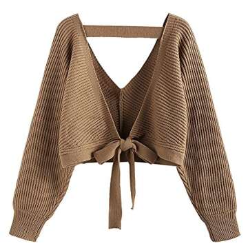 ZAFUL Women's V Neck Cropped Sweater Ribbed Knit Pullover Tops Sexy Drop Shoulder Jumpers