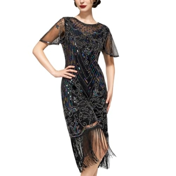 SWEETV Great Gatsby Dresses for Women - Lace Neck Flapper Dress 1920s Chic