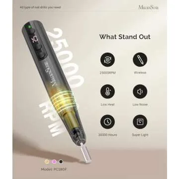 MelodySusie Cordless Electric Nail Drill Machine 11 in 1 Kit,PC180F 25000RPM Portable Rechargeable Nail Efile Set for Acrylic Gel Dip Powder Nails, 25 Speeds Manicure Pedicure Polishing Shape Tools