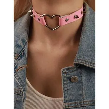 Sacina Gothic Punk Pink Spiked Heart Choker Collar, Pink PU Leather Spike Heart Choker Necklace, Hal...