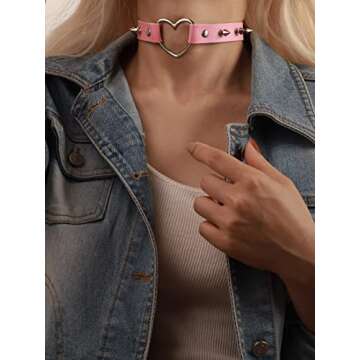 Sacina Gothic Punk Pink Spiked Heart Choker Collar, Pink PU Leather Spike Heart Choker Necklace, Halloween Goth Jewelry Gift for Women, Men