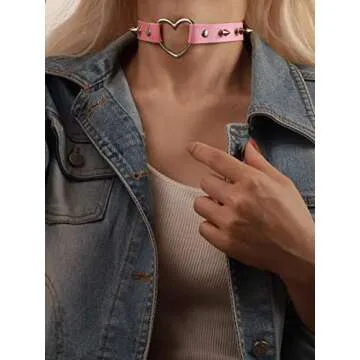 Sacina Gothic Punk Pink Spiked Heart Choker Collar, Pink PU Leather Spike Heart Choker Necklace, Halloween Goth Jewelry Gift for Women, Men