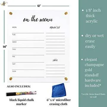 Acrylic Menu Board for Kitchen - Dry Erase Weekly Meal Planner and Grocery List for Wall - Beautiful Clear Acrylic Dry Erase Board for Wall (Liquid Chalk Marker, Eraser & Mounting Hardware Included)