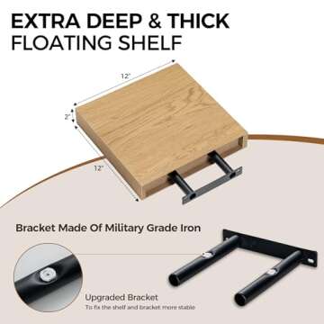 Fun Memories 12 Inch Floating Shelf, Rustic Wood Wall Shelves for Wall Decor & Storage, 12 x 12 Floating Shelf for Living Room, Bathroom, Bedroom, Oak, Set of 2