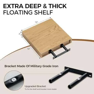 Fun Memories 12 Inch Floating Shelf, Rustic Wood Wall Shelves for Wall Decor & Storage, 12 x 12 Floating Shelf for Living Room, Bathroom, Bedroom, Oak, Set of 2