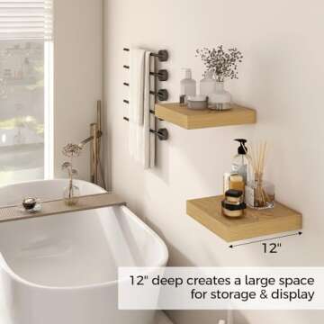 Fun Memories 12 Inch Floating Shelf, Rustic Wood Wall Shelves for Wall Decor & Storage, 12 x 12 Floating Shelf for Living Room, Bathroom, Bedroom, Oak, Set of 2