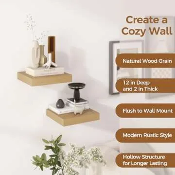 Fun Memories 12 Inch Floating Shelf, Rustic Wood Wall Shelves for Wall Decor & Storage, 12 x 12 Floating Shelf for Living Room, Bathroom, Bedroom, Oak, Set of 2