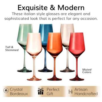 Colored Crystal Wine Glasses - Water & Wine 12oz | Set of 6 | Cute Pastel Muted Crystal Cocktail Glassware, Unique Gift Wife, Her, Mom, Friend Goblet Cocktails, Red & White Tall Stemmed Drinkware