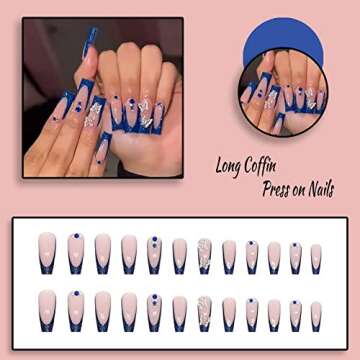 FOAMEE Press on Nails Long Coffin Bling Fake Nails with 3D Buttefly Designs Acrylic Glossy French Tip Nails False Nails for Women