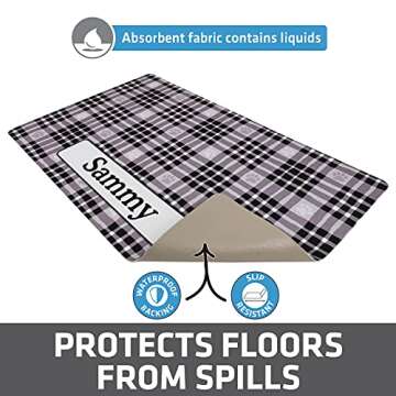 Drymate Personalized Pet Bowl Placemat, Custom Dog & Cat Food Feeding Mat - Absorbent Fabric, Waterproof Backing - Machine Washable/Durable (USA Made) (12" x 20") (Black Paw Plaid)