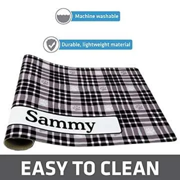 Drymate Personalized Pet Bowl Placemat, Custom Dog & Cat Food Feeding Mat - Absorbent Fabric, Waterproof Backing - Machine Washable/Durable (USA Made) (12" x 20") (Black Paw Plaid)