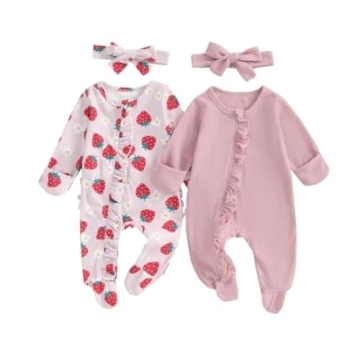Baby Girl Footies Newborn Zipper Sleeper 2 Pack Ruffle Pajamas Romper Coming Home Outfit (Pink&Straw...