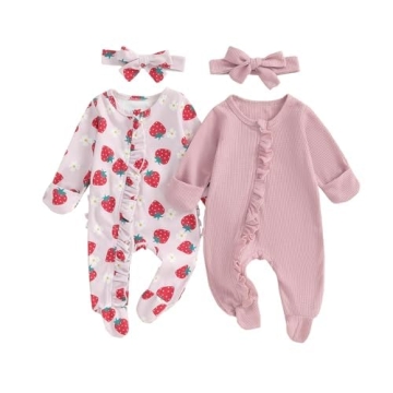 Baby Girl Footies Newborn Zipper Sleeper 2 Pack Ruffle Pajamas Romper Coming Home Outfit (Pink&Strawberry,0-3 Months)