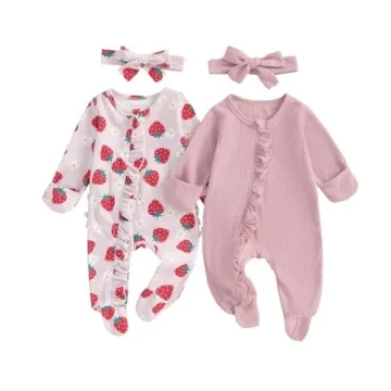 Baby Girl Footies Newborn Zipper Sleeper 2 Pack Ruffle Pajamas Romper Coming Home Outfit (Pink&Strawberry,0-3 Months)