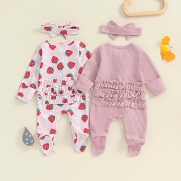 Baby Girl Footies Newborn Zipper Sleeper 2 Pack Ruffle Pajamas Romper Coming Home Outfit (Pink&Strawberry,0-3 Months)