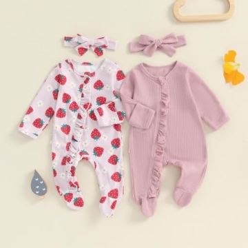 Baby Girl Footies Newborn Zipper Sleeper 2 Pack Ruffle Pajamas Romper Coming Home Outfit (Pink&Strawberry,0-3 Months)