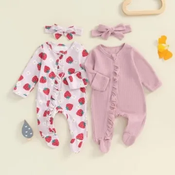 Baby Girl Footies Newborn Zipper Sleeper 2 Pack Ruffle Pajamas Romper Coming Home Outfit (Pink&Strawberry,0-3 Months)