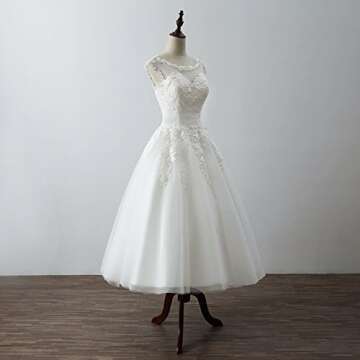 Women's Elegant Sheer Vintage Short Lace Wedding Dress for Bride US 16 Ivory