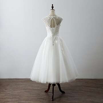 Women's Elegant Sheer Vintage Short Lace Wedding Dress for Bride US 16 Ivory