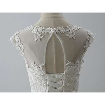 Women's Elegant Sheer Vintage Short Lace Wedding Dress for Bride US 16 Ivory
