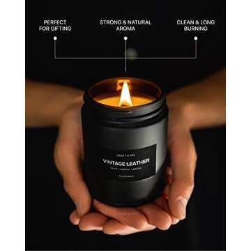 Craft & Kin Premium Vintage Leather Candle | Black Scented Candles for Men | Long Lasting with 45 Hour Burn Time, 7.6oz | Made with Soy | Aromatherapy at Home | Gifts for Men