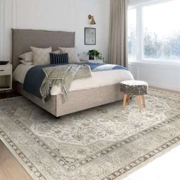 HILORUUG Washable Area Rug 8x10 - Bedroom Living Room Large Indoor Rugs Soft Oriental Vintage Rugs Non-Slip Backing Stain Resistant for Farmhouse Kitchen (8x10 Ivory/Multi)