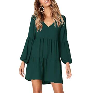 Amoretu Womens Long Sleeve Tunic Dress V Neck Swing Shift Dresses, Spring, Summer, 2025 (Green, L)