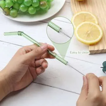 FBAJOJO 9-Inch Curved Glass Straws - 6 Colorful Reusable Straws with Brushes