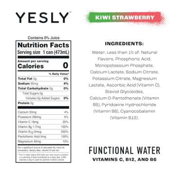 Yesly ﻿Hydrating Electrolyte Vitamin Water, 16 Fl Oz - Zero Sugar, Zero Calorie Water with Vitamins C, B12 & B6 and No Artificial Sweeteners – Kiwi Strawberry (Pack of 12)