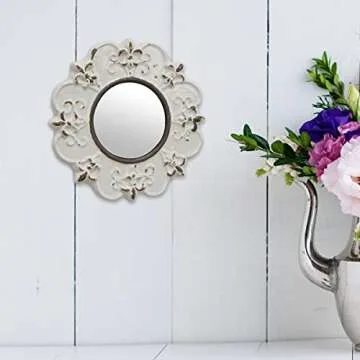 Stonebriar 8" Round Off White Ceramic Accent Wall Mirror with Attached Hanging Loop, Decorative Vintage Decor for the Living Room, Bedroom, Hallway, and Entryway