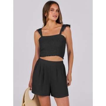 ANRABESS Women’s 2 Piece Summer Outfits Matching Linen Shorts Set 2024 Beach Vacation Outfits Black Large