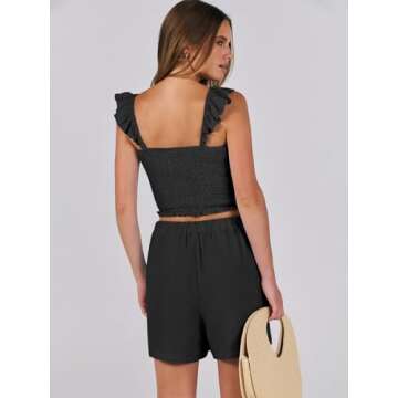 ANRABESS Women’s 2 Piece Summer Outfits Matching Linen Shorts Set 2024 Beach Vacation Outfits Black Large