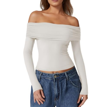 QINSEN Womens Fall Tops Fitted Long Sleeve Top Trendy Off The Shoulder T Shirts Splashed White S