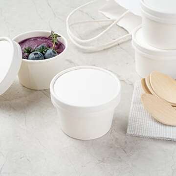 LIDS ONLY: Coppetta Lids For 4 Ounce Ice Cream Cups, 50 No-Leak Lids For Treat Cups - Cups Sold Separately, For Hot And Cold Foods, White Paper Lids For Chili Cups - Restaurantware