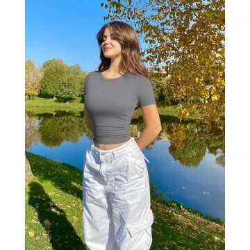 OQQ Womens 2 Piece Shirts Short Sleeve Crew Neck Ruched Stretch Fitted Tee Shirts Crop Tops White Smoke Grey