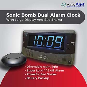Sonic Alert Dual Extra Loud Alarm Clock with Bed Shaker | Sonic Boom Vibrating Alarm Clock for Heavy...