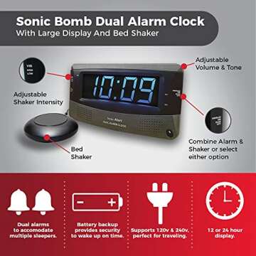 Sonic Alert Dual Extra Loud Alarm Clock with Bed Shaker | Sonic Boom Vibrating Alarm Clock for Heavy Sleepers, Battery Backup | Wake with a Shake