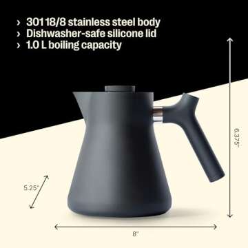 Fellow Raven Stovetop Tea Kettle - Teapot with Integrated Stainless Steel Loose Leaf Tea Infuser and Thermometer, No Whistle Kettles, Matte Black, 1 Liter