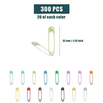 KINBOM 300pcs 32mm Colored Safety Pins, 15 Colors Metal Safety Pins for Art Craft Sewing and Jewelry...
