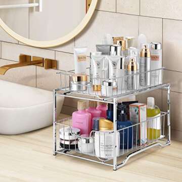 Simple Trending Stackable 2-Tier Vertical Bathroom Storage Under Sink Cabinet Organizer, Toilet Vanity Organizer Drawers, Chrome