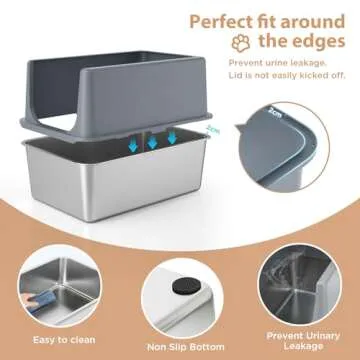 LIHOOOOM Litter Box with Lid, Stainless Steel Cat Litter Box, 16" Metal Litter Box High Sides, Extra Large Litter Boxes for Big Cats, Enclosed Cat Litter Pan, Cat Litter Tray Covered Grey, Easy Clean