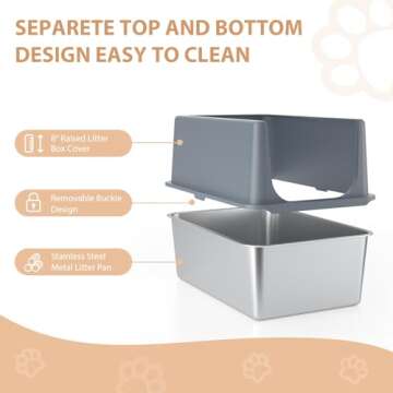 LIHOOOOM Litter Box with Lid, Stainless Steel Cat Litter Box, 16" Metal Litter Box High Sides, Extra Large Litter Boxes for Big Cats, Enclosed Cat Litter Pan, Cat Litter Tray Covered Grey, Easy Clean