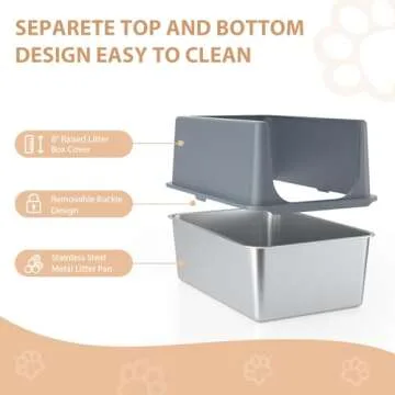 LIHOOOOM Litter Box with Lid, Stainless Steel Cat Litter Box, 16" Metal Litter Box High Sides, Extra Large Litter Boxes for Big Cats, Enclosed Cat Litter Pan, Cat Litter Tray Covered Grey, Easy Clean