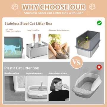 LIHOOOOM Litter Box with Lid, Stainless Steel Cat Litter Box, 16" Metal Litter Box High Sides, Extra Large Litter Boxes for Big Cats, Enclosed Cat Litter Pan, Cat Litter Tray Covered Grey, Easy Clean