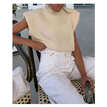 Hooever Women's Knitted Shoulder Pads Sweater Vest Turtleneck Sleeveless Tank Tops (Beige-M)