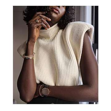 Hooever Women's Knitted Shoulder Pads Sweater Vest Turtleneck Sleeveless Tank Tops (Beige-M)