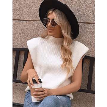 Hooever Women's Knitted Shoulder Pads Sweater Vest Turtleneck Sleeveless Tank Tops (Beige-M)