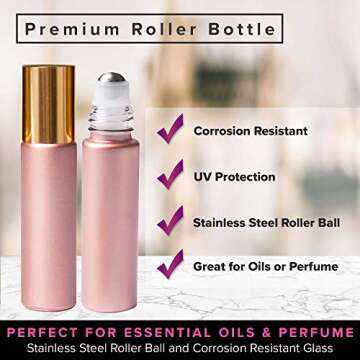 Rose Gold Ultimate Essential Oil Roller Bottles Set With Stainless Steel Balls, 10 Pack 10ml Leakproof Glass Bottle With 11 Rollerballs For Perfume & Aromatherapy Oils 1 Funnel + Opener & 192 Labels